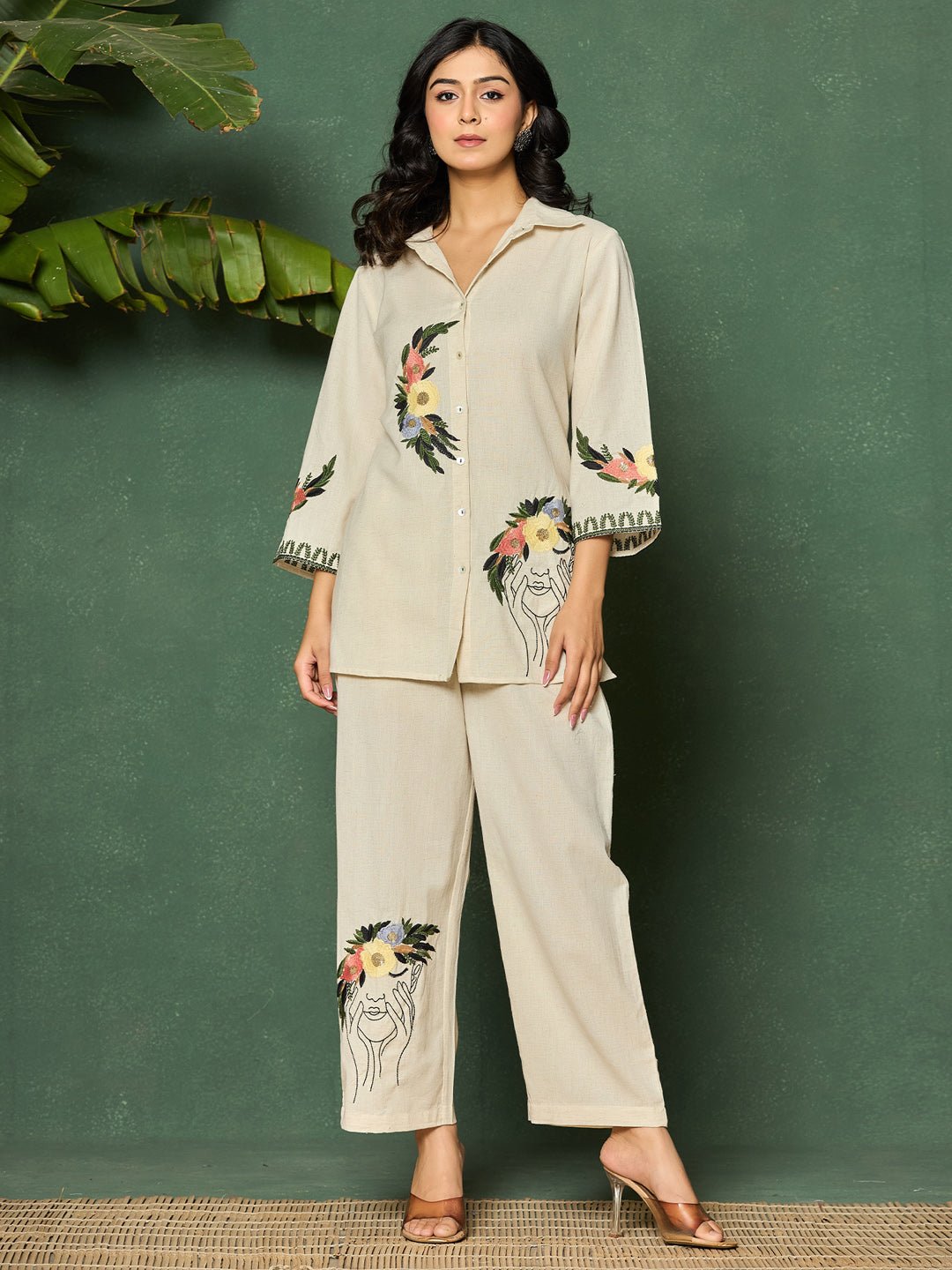 Cotton Floral Embroidered Shirt with Trouser Set - Image 1