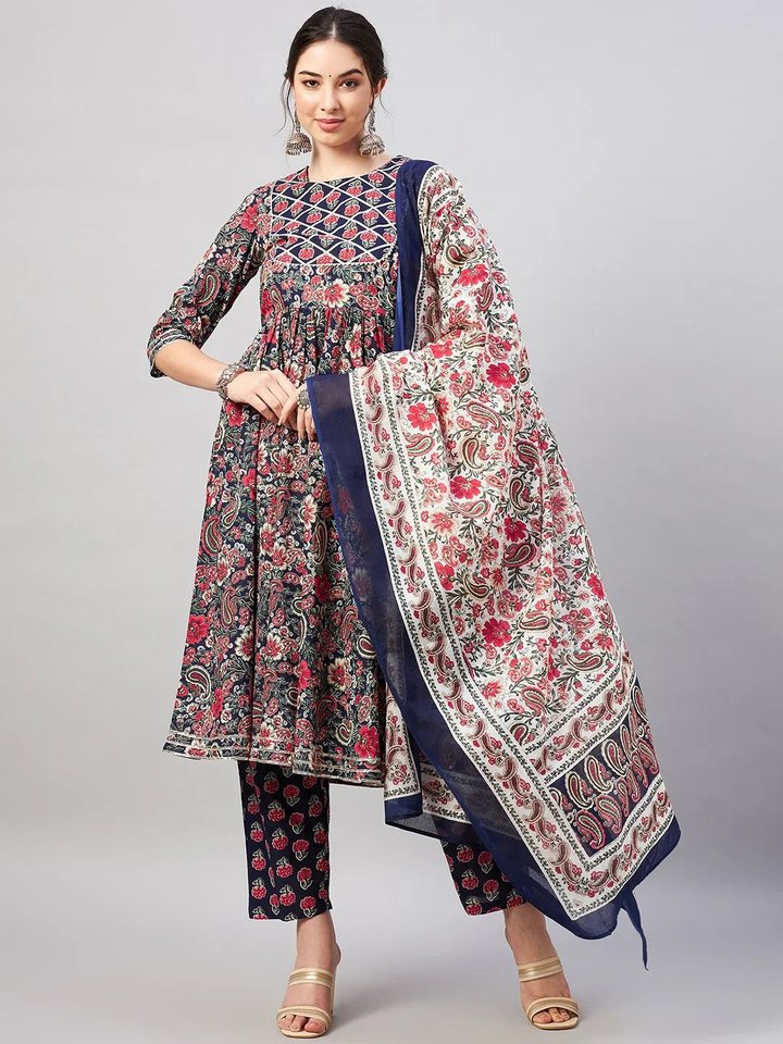 WineRed Woman Navy Blue Paisley Print Gota Detailing Patch Kurta set with Dupatta — image 2