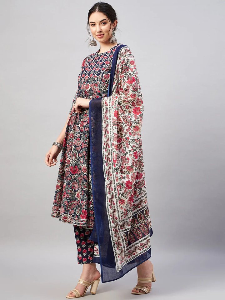 WineRed Woman Navy Blue Paisley Print Gota Detailing Patch Kurta set with Dupatta — image 3