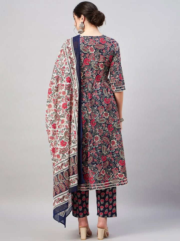 WineRed Woman Navy Blue Paisley Print Gota Detailing Patch Kurta set with Dupatta — image 4
