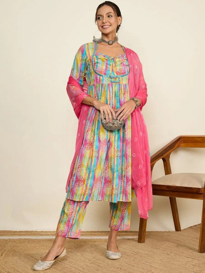 WineRed Women Printed Ruched Yoke Flare Kurta, Pant & Dupatta Set — image 1