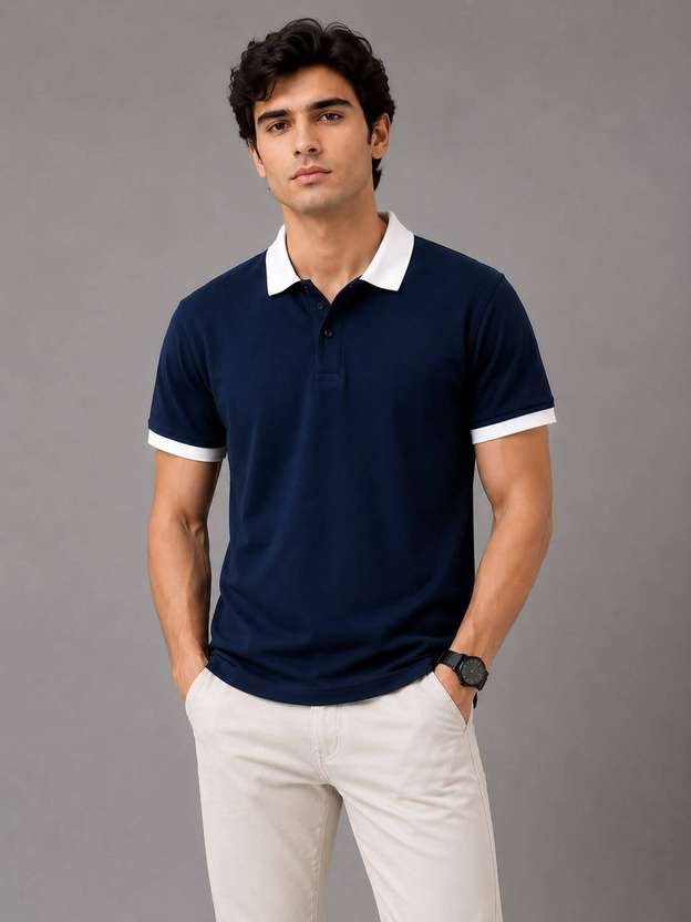 Aurafitss Solid Men Polo Neck Blue T-Shirt - Image 1